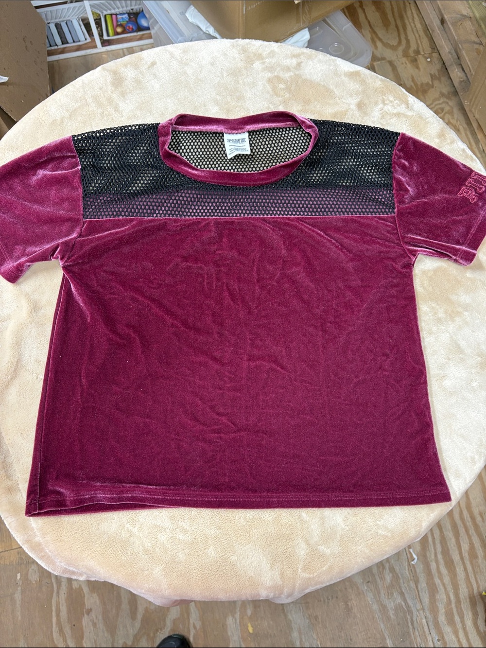 PINK Victoria's Secret Burgundy Velvet Short Sleeve Tee with Black Mesh Yoke